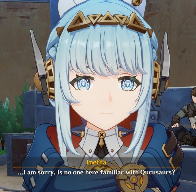 Ineffa with light blue hair and blue eyes, wearing a headpiece with triangular patterns and mechanical elements. She has a white and blue outfit with a high collar and a cross emblem. Text overlay reads "I am sorry. Is no one here familiar with Qucusaurus?"