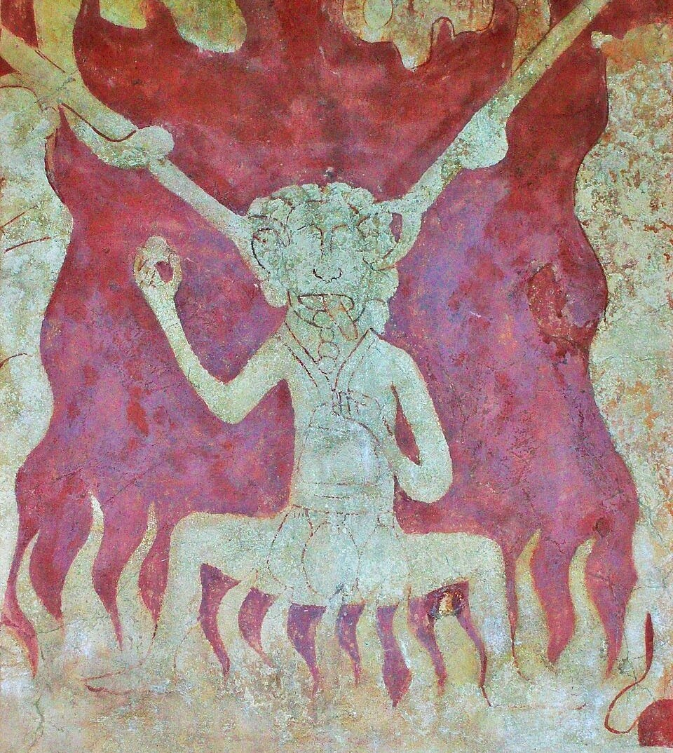 The usurer in the Chaldon mural. It is the figure of a man vomiting money while being prodded with giant forks. The usurer in the Chaldon mural. It is the figure of a man vomiting money while being prodded with giant forks.