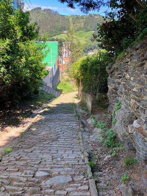 paths through green landscapes, two paved and one dirt trail