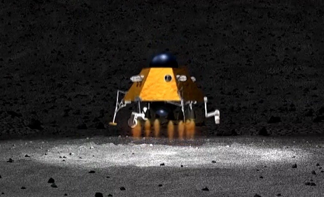 A low-fidelity render of Chang’e 7’s hopper landing in a permanently shadowed crater.