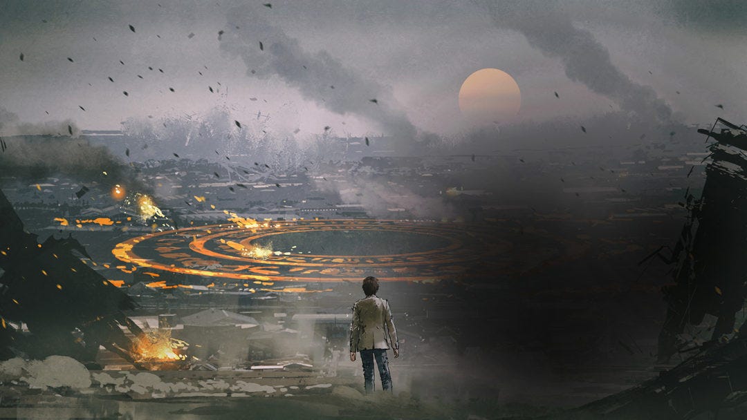 apocalyptic scene with person in the foreground, darkness and fires in the background apocalyptic scene with person in the foreground, darkness and fires in the background