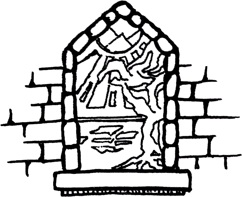 Stained glass window set into a stone wall