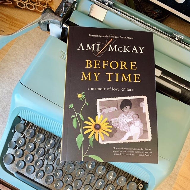 Photo one is a table covered in photographs and medical texts and journals. Photo two is a book, Before my TIme on top of a seafoam green typewriter