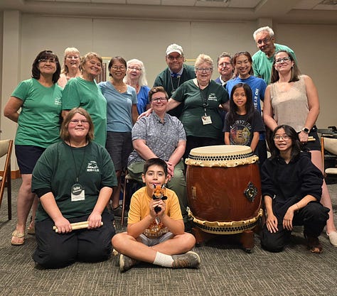 Glimpses: 1. HET + Searchlights BTS. 2. MBT Chicago bon odori. 3. HET at a post- Ginza fest break. 4. At Ginza festival with Masahiro Kawakami (tenugui craftsman). 5. kaDON krew. 6. Tawoo Taiko workshop in Chicago! 7. Teaching the awesome Teien no Taiko group of Rockford, IL. 8. Kaoly and Eri's kaDON intensive! 9. kaDON fam! 