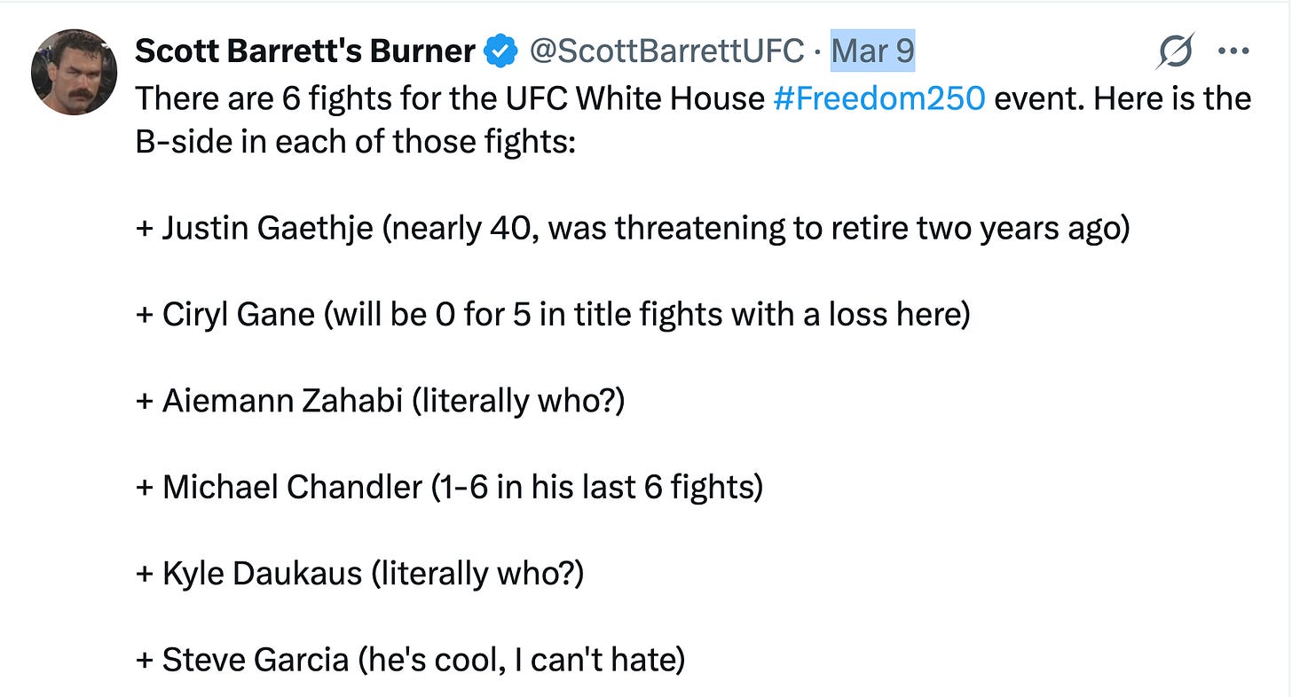 @ScottBarrettUFC There are 6 fights for the UFC White House #Freedom250 event. Here is the B-side in each of those fights:  + Justin Gaethje (nearly 40, was threatening to retire two years ago)  + Ciryl Gane (will be 0 for 5 in title fights with a loss here)  + Aiemann Zahabi (literally who?)  + Michael Chandler (1-6 in his last 6 fights)  + Kyle Daukaus (literally who?)  + Steve Garcia (he's cool, I can't hate)