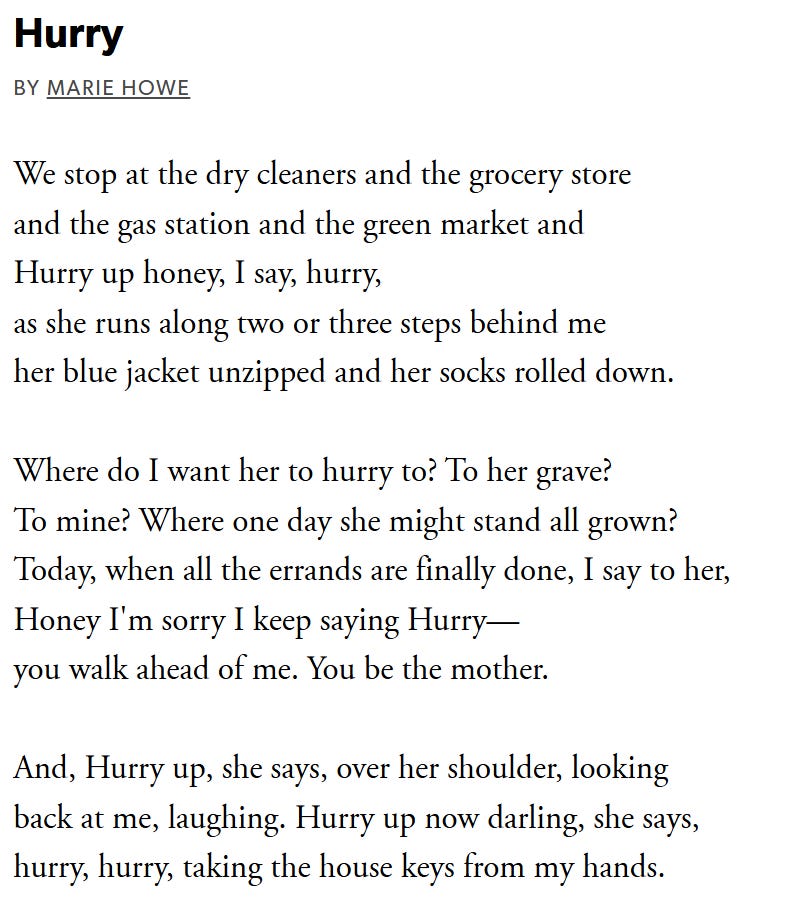 Image of the poem "Hurry" by Marie Howe