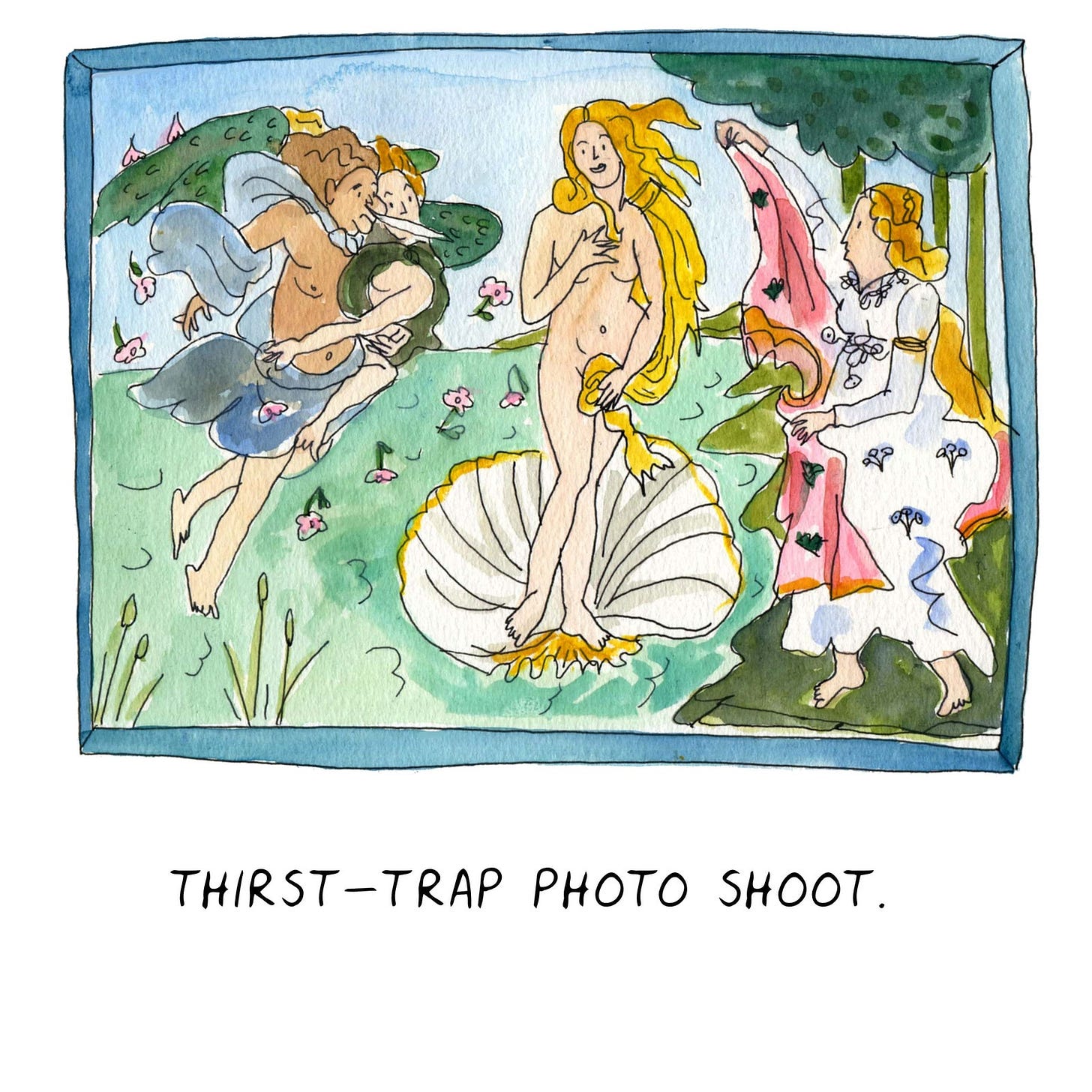 An illustrated version of Boticelli's the Birth of Venus.