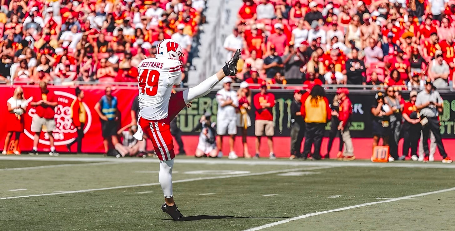 Wisconsin Badgers punter Atticus Bertrams (49) is shown punting the football against USC