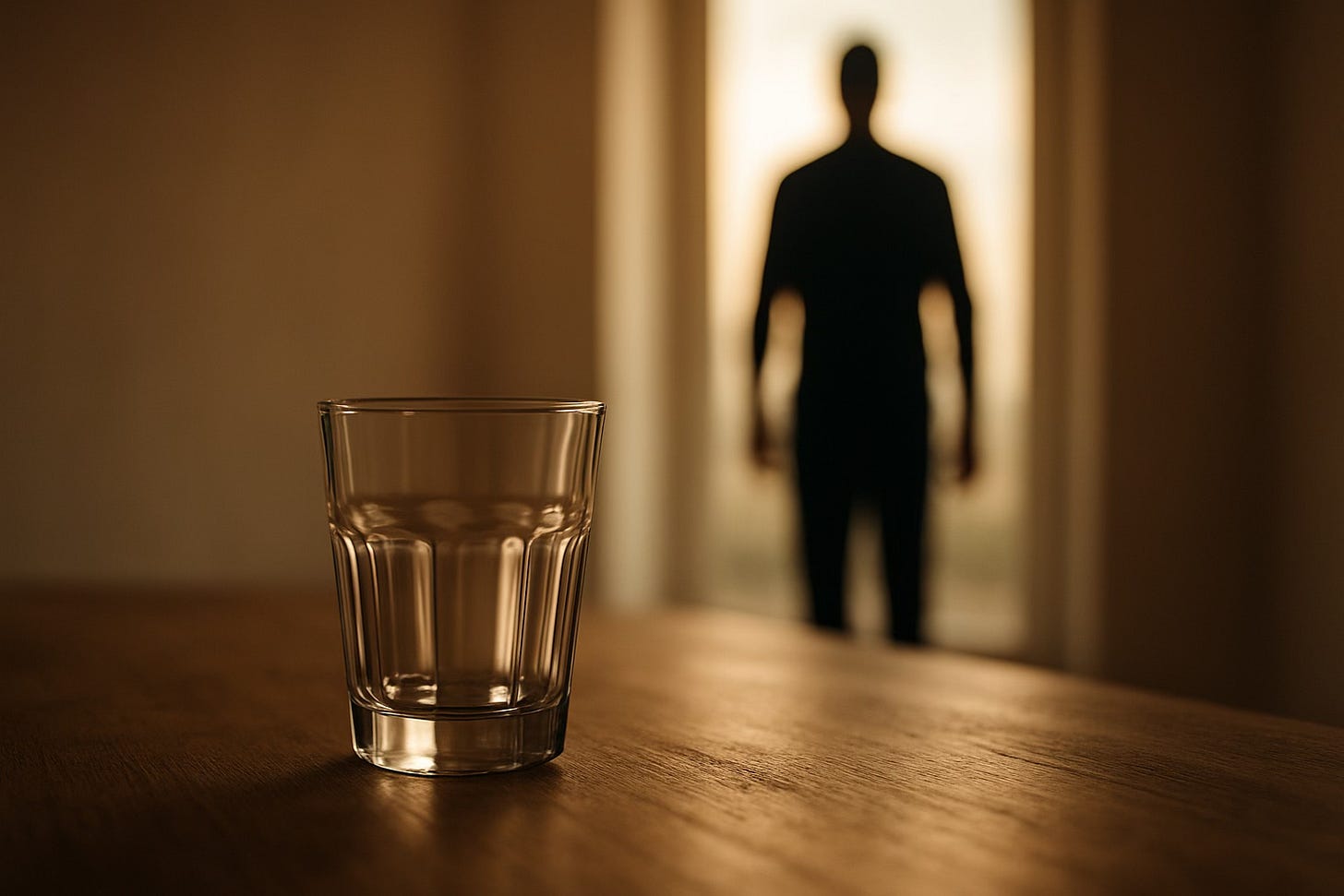 Empty glass on wooden table with person walking away in soft focus background Empty glass on wooden table with person walking away in soft focus background