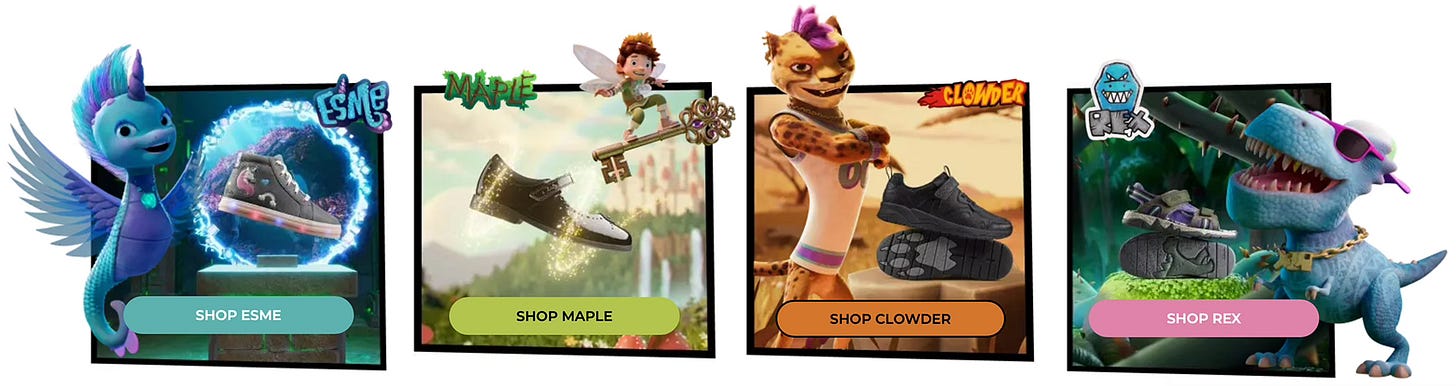 Previews of footwear inspired by the main characters in the PlayPrints Simulator Roblox experience