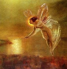This may contain: a painting of a fairy flying in the sky with her wings spread out and glowing
