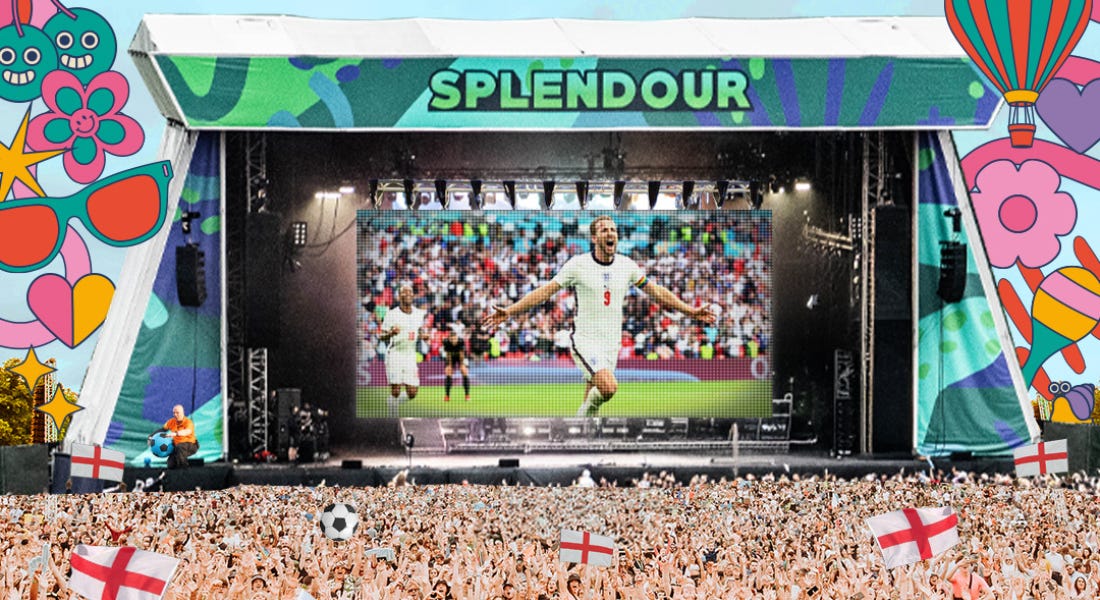 A large stage screen with 'Splendour' written above it and fans with flags underneath it A large stage screen with 'Splendour' written above it and fans with flags underneath it