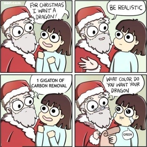Four-panel comic. Girl: "For Christmas I want a dragon!" Santa: "Be realistic." Girl: "1 gigatonne of carbon removal." Santa, crying: "What color do you want your dragon?" Girl: "Green."