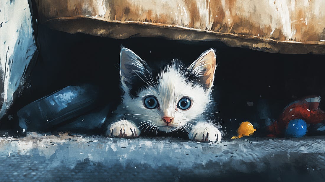 Adorable black and white kitten with big blue eyes peeks out from beneath furniture, surrounded by colorful toys. Perfect image for pet lovers and cat-themed content.