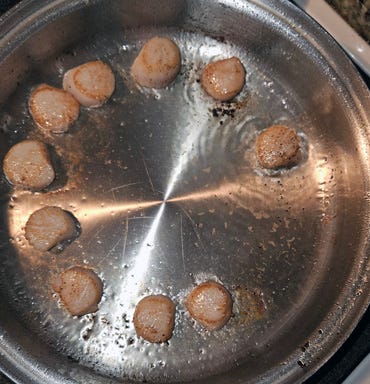 Photo of yummy sea scallops searing in a pan.