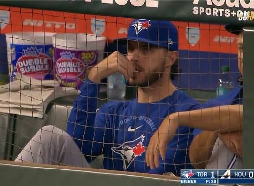 Spencer Arrighetti in a Blue Jays uniform and looking in shock...