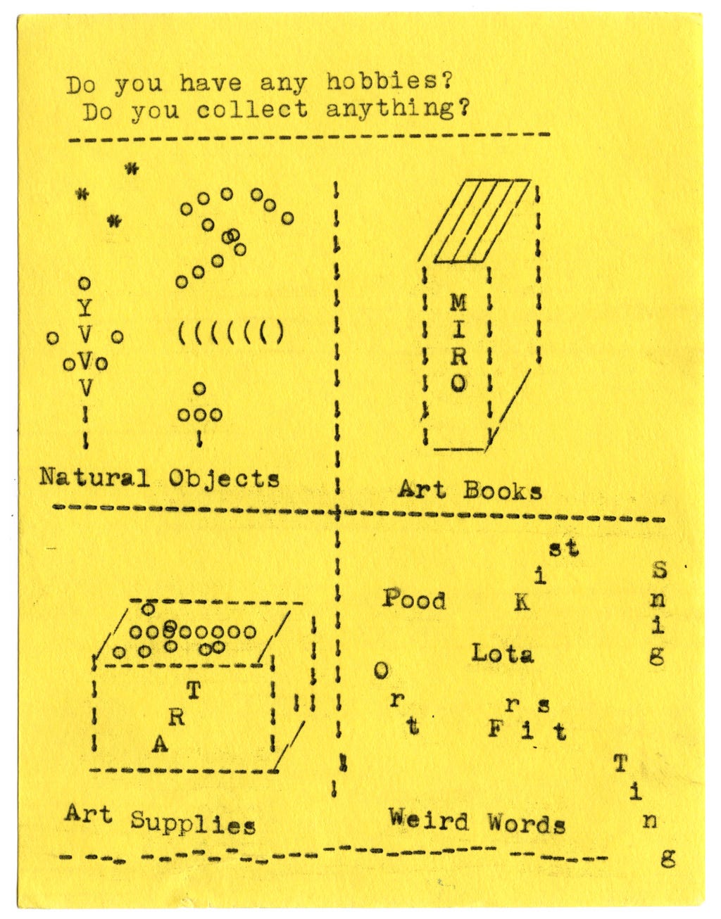 Do you have any hobbies? Do you collect anything?  Natural objects Art Books Art Supplies Weird Words