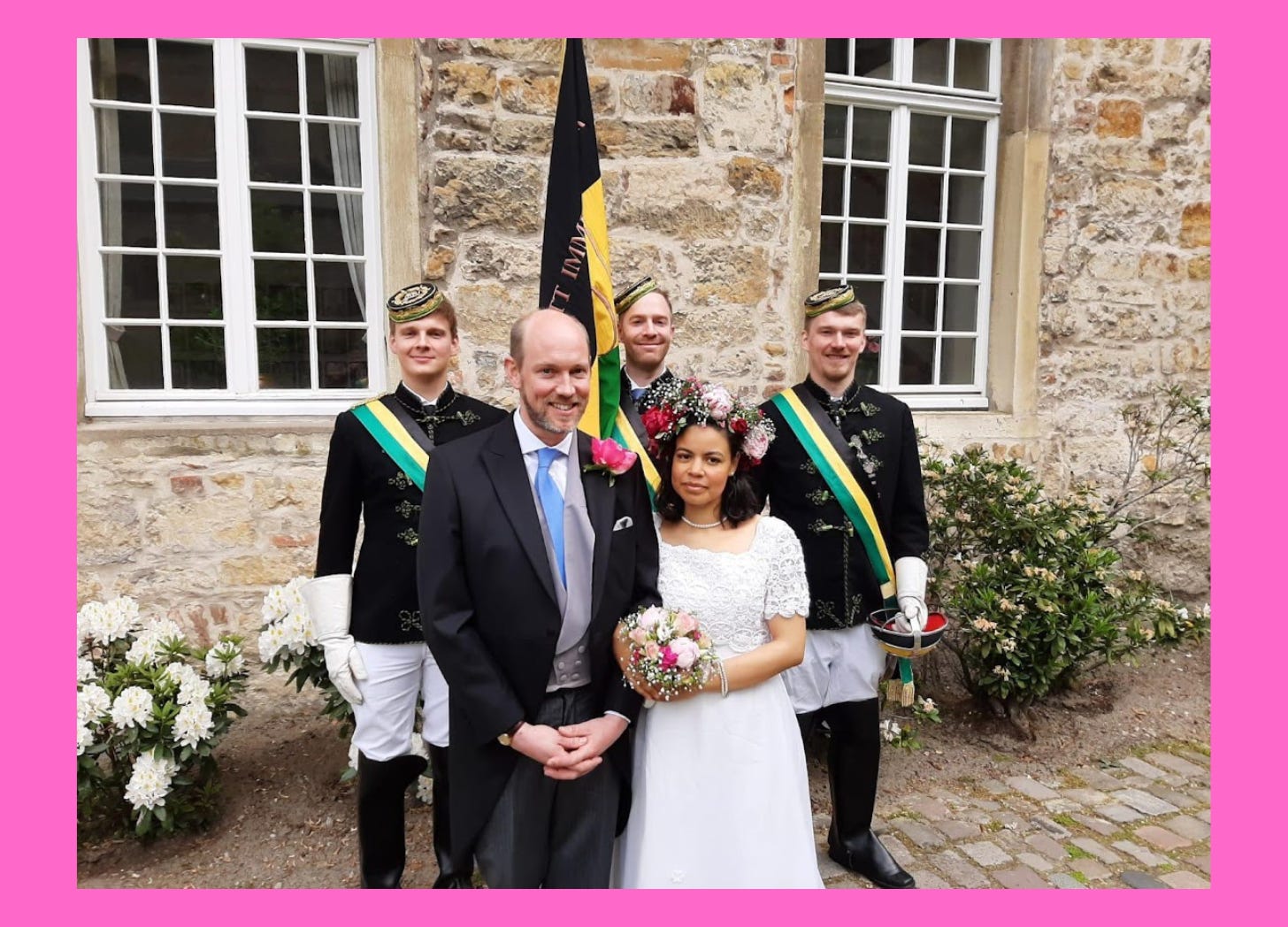 Photo of a couple on their wedding day.
