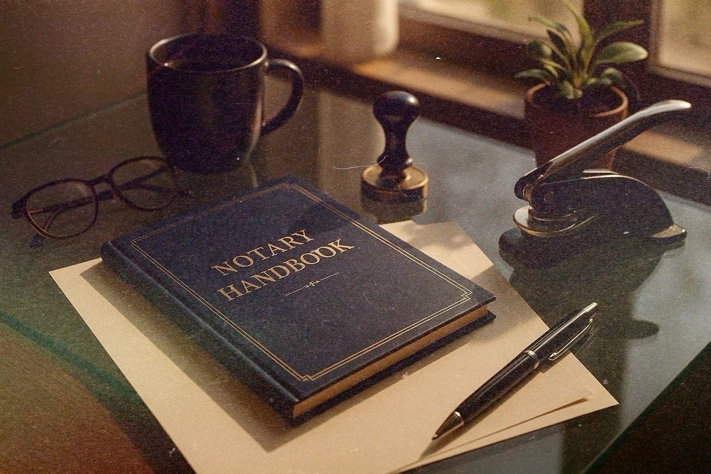 image  of desk with notary handbook, pen and seal embosser