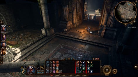A set of screenshots of the game Baldur's Gate 3, featuring environments and dialogue.