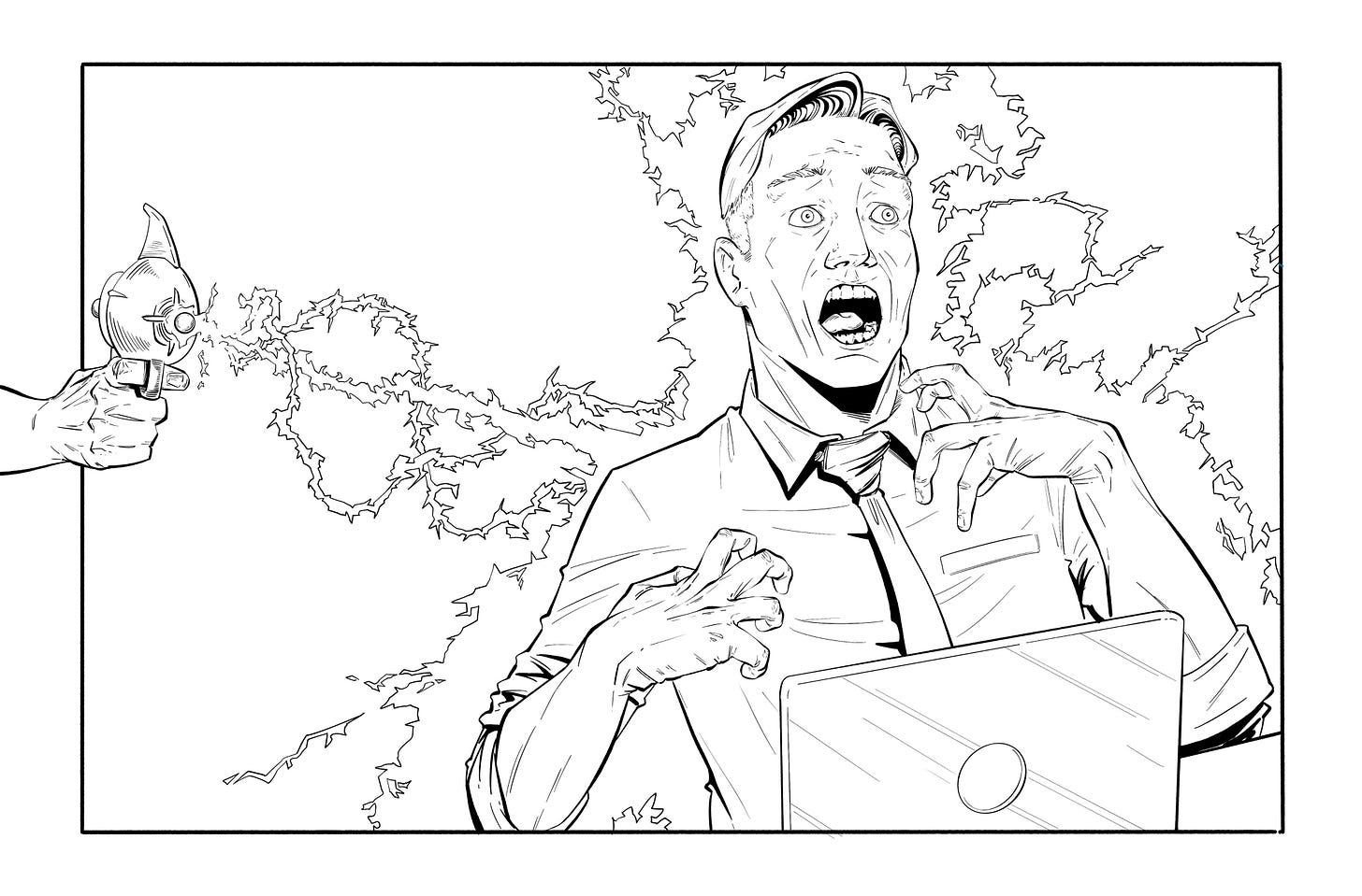 A ray gun zaps a man wearing a business outfit
