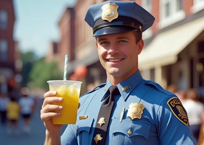 An AI generated police officer smiles with a cup of lemonade in his hand.