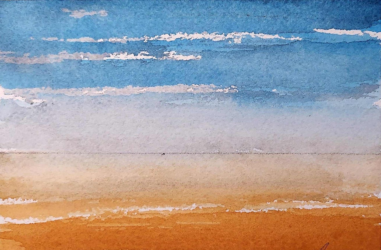 An orange, grey and blue painting of the Jordanian Desert (close to Saudi Arabia)- © 2025, Moh’d Bilbeisi, artist in collaboration
