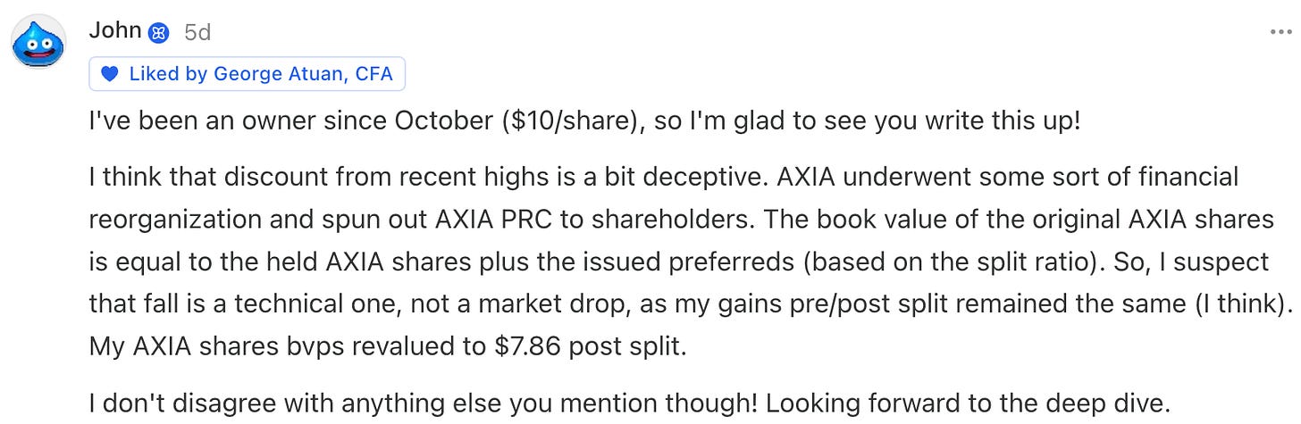 Screenshot of investor comment discussing Axia Energia (AXIA) stock, the AXIA PRC preferred share distribution, and why the post-reorganization price drop may be technical, used as supporting context in this AXIA deep dive investment thesis.