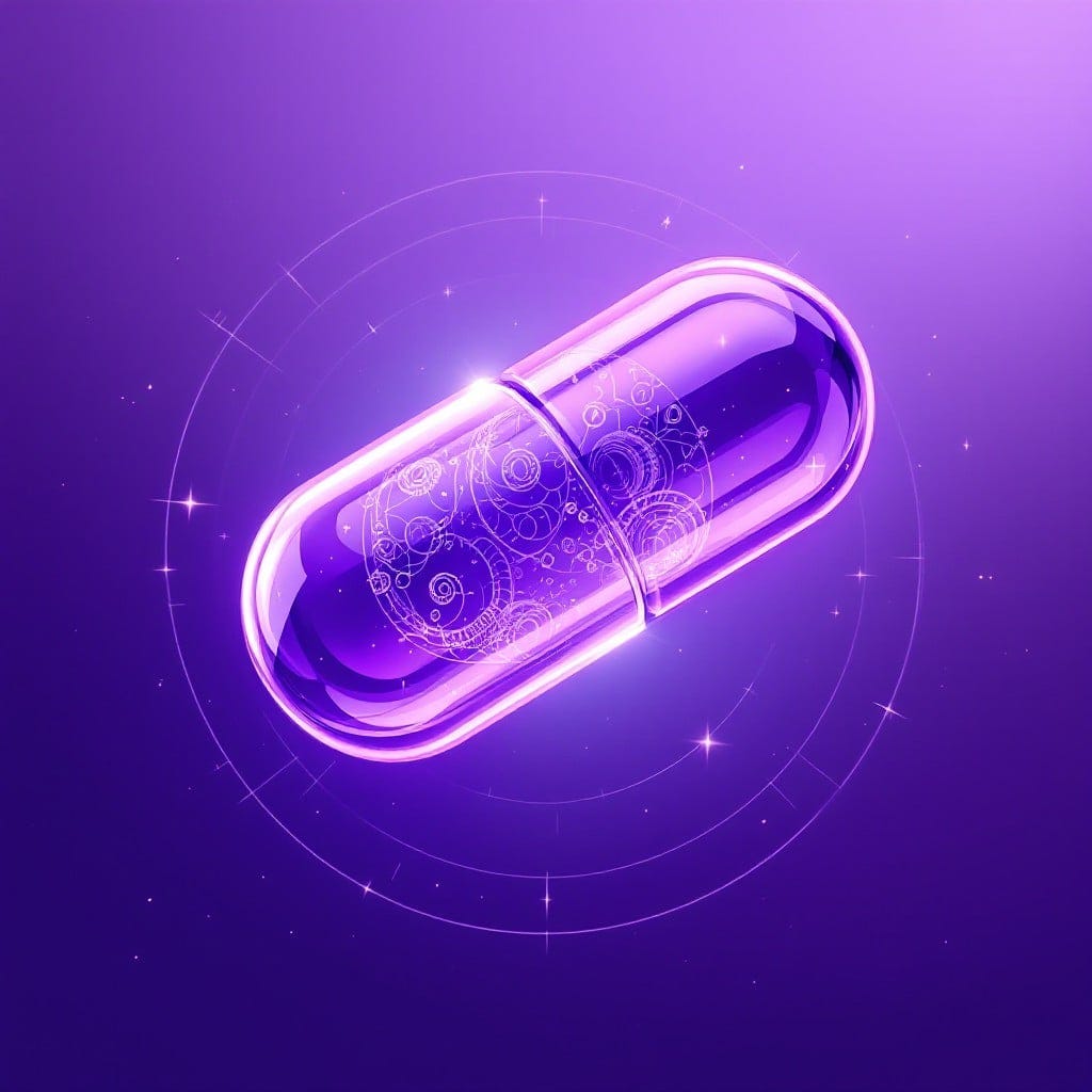 A mystical purple capsule hovers in ethereal space, its translucent surface gleaming with an inner radiance. Delicate spiral patterns and molecular structures dance within its crystalline shell, creating a mesmerizing display of scientific artistry. Subtle geometric shapes orbit the floating capsule, while gradients of royal purple fade into soft lavender, enhanced by magical sparkles and ethereal light effects. The design perfectly balances medical precision with supernatural wonder.