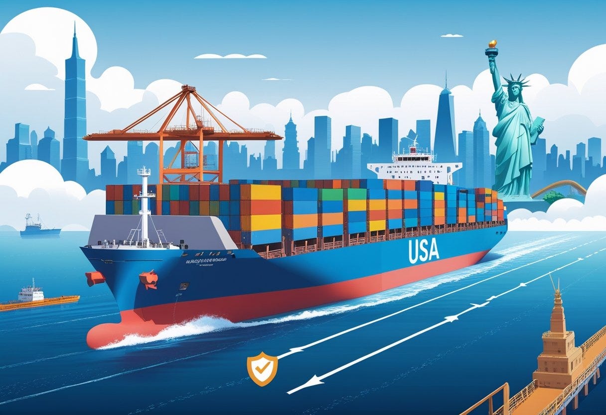 A cargo ship carrying containers sailing from China to the USA with landmarks from both countries and symbols of shipping and security.