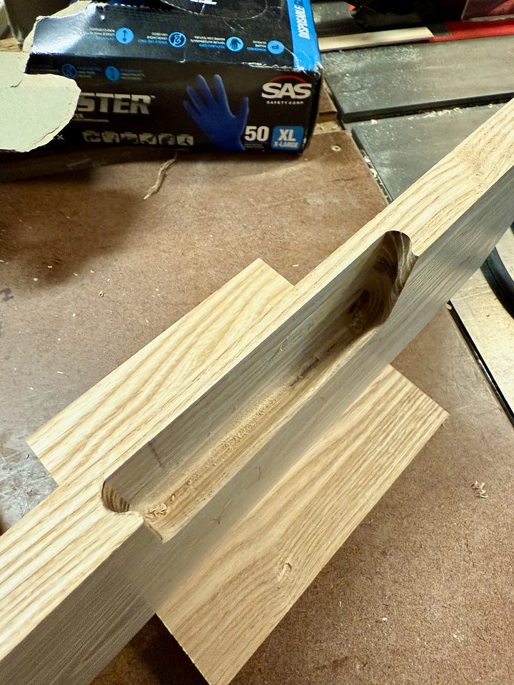 Four woodworking steps. Top left: book diagram showing joinery details. Top right: online shopping page for router bits. Bottom left: cutting a groove in a drawer front on a router table. Bottom right: close-up of a routed handle slot in a wooden board.