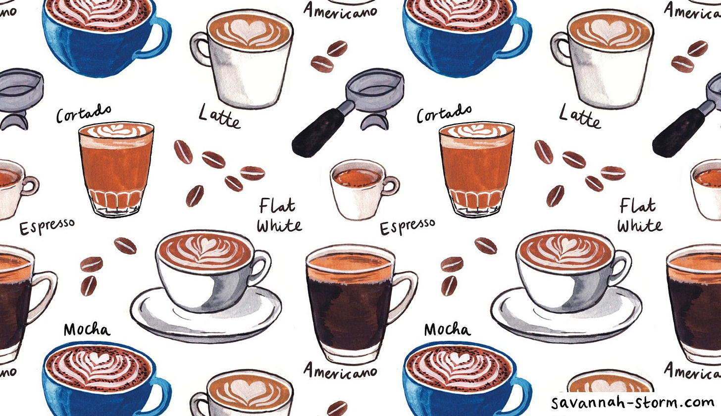 A repeating pattern on a white background of coffee cups, coffee beans and handwritten text saying 'Americano' 'Mocha' 'Flat White' 'Latte' 'Espresso'. A repeating pattern on a white background of coffee cups, coffee beans and handwritten text saying 'Americano' 'Mocha' 'Flat White' 'Latte' 'Espresso'.
