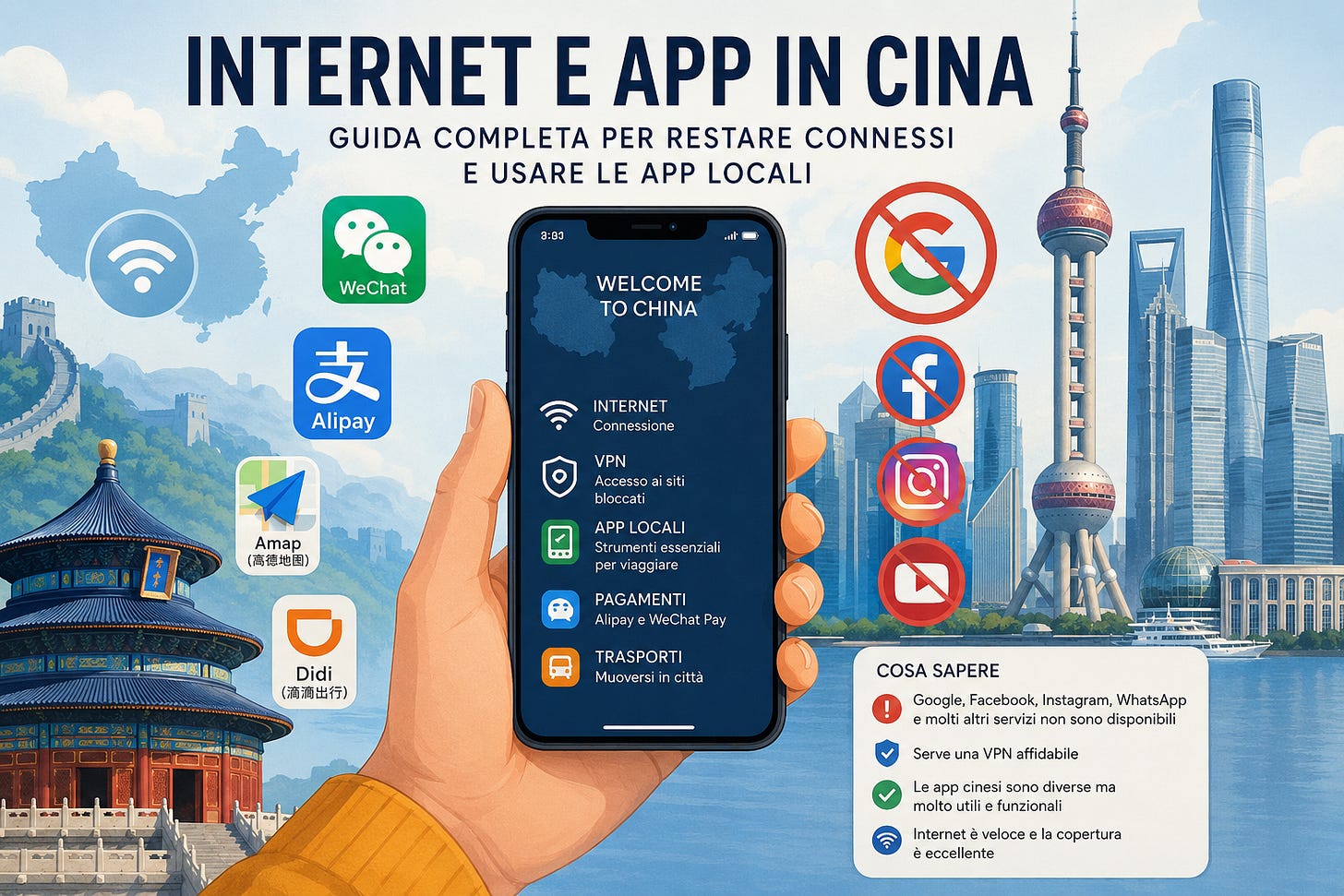Illustrazione digitale per articolo su internet e app in Cina: uno smartphone al centro mostra informazioni su VPN, connessione internet, pagamenti digitali e app locali. Attorno compaiono le icone di WeChat, Alipay, Amap e Didi, insieme ai loghi barrati di Google, Facebook, Instagram e YouTube per rappresentare il Great Firewall cinese. Sullo sfondo si vedono la Grande Muraglia, il Tempio del Cielo e lo skyline futuristico di Shanghai. Titolo in alto: “Internet e App in Cina – Guida completa per restare connessi e usare le app locali”.