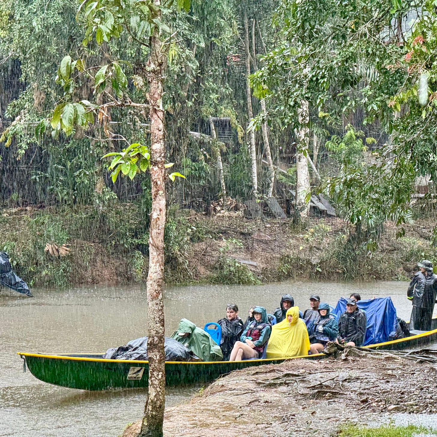 Canoa con turistas para Cuyabeno un día de lluvia.