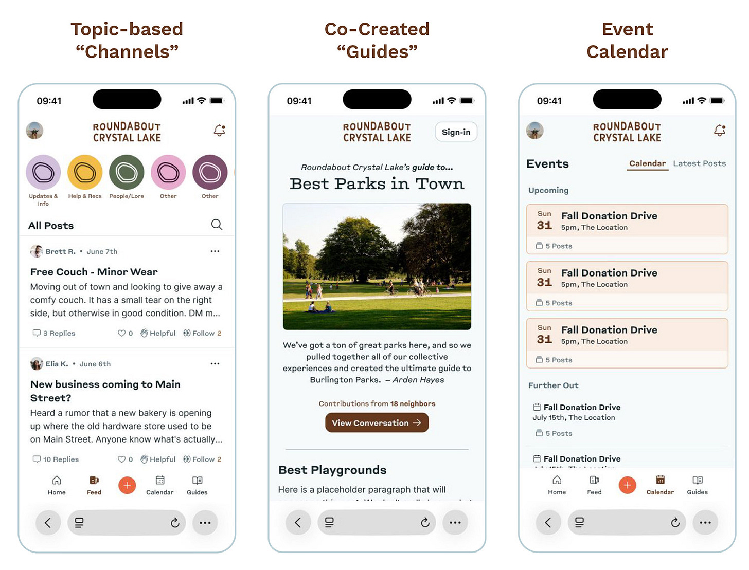 Three mobile app screens for Roundabout Crystal Lake, showing different views: a topic-based "Channels" page with colored categories, a "Guides" page featuring a park scene and community-created content, and an "Event Calendar" listing multiple Fall Donation Drive events. Each screen has a similar layout with navigation options at the bottom. Three mobile app screens for Roundabout Crystal Lake, showing different views: a topic-based "Channels" page with colored categories, a "Guides" page featuring a park scene and community-created content, and an "Event Calendar" listing multiple Fall Donation Drive events. Each screen has a similar layout with navigation options at the bottom.