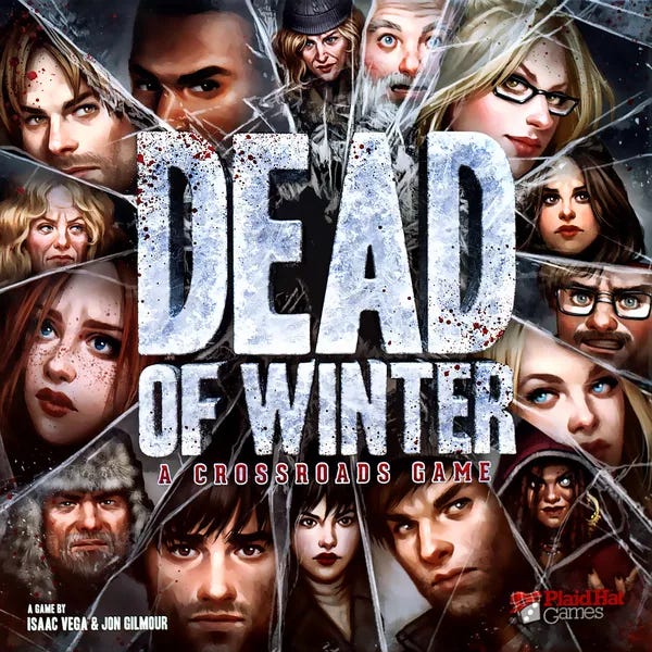 The box art for Dead of Winter: A Crossroads Game. Many faces of the characters in the game separated by frozen lines of ice.