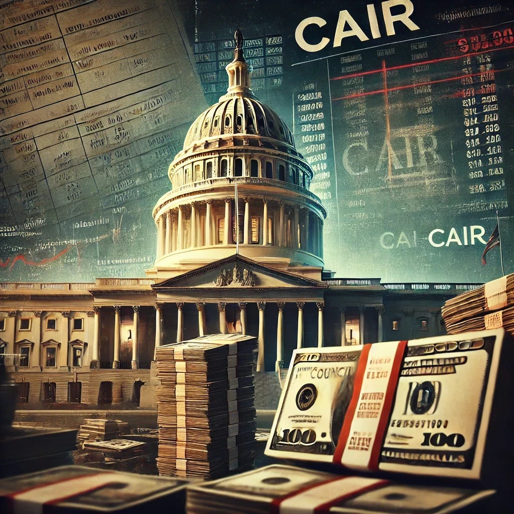 A dramatic and investigative-style cover image for a Substack article about the misuse of federal funds by the Council on American-Islamic Relations. The image should feature a dimly lit government building with stacks of money in the foreground, some bills appearing to be slipping away or vanishing. A subtle overlay of financial documents or reports with red markings can be seen in the background. The full name 'Council on American-Islamic Relations' should be clearly displayed on a document or a sign on the building, making it legible and prominent. The atmosphere should feel serious and investigative, hinting at a watchdog report exposing financial misconduct.