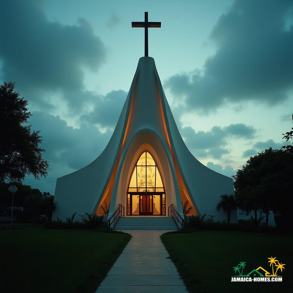 A modern church building in Jamaica, Caribbean, architecturally sculpted into the distinct shape of a Christian cross.