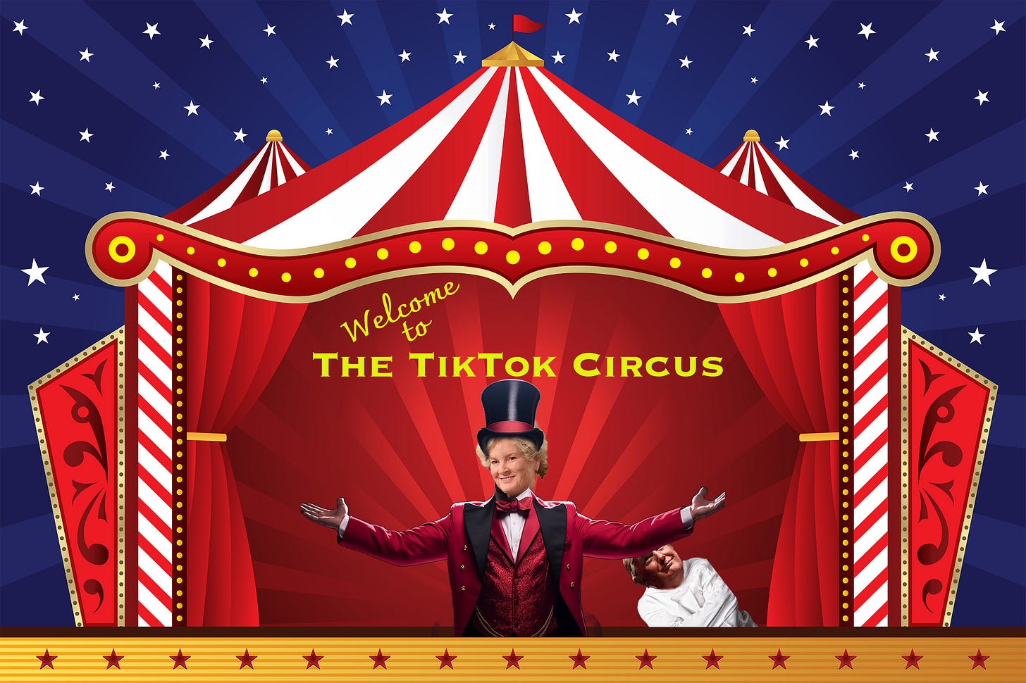 Circus background, Susie Wiles in a circus top hat, picture of trump in straight jacket; in the background of the circus tent : "Welcome to the TikTok Circus"