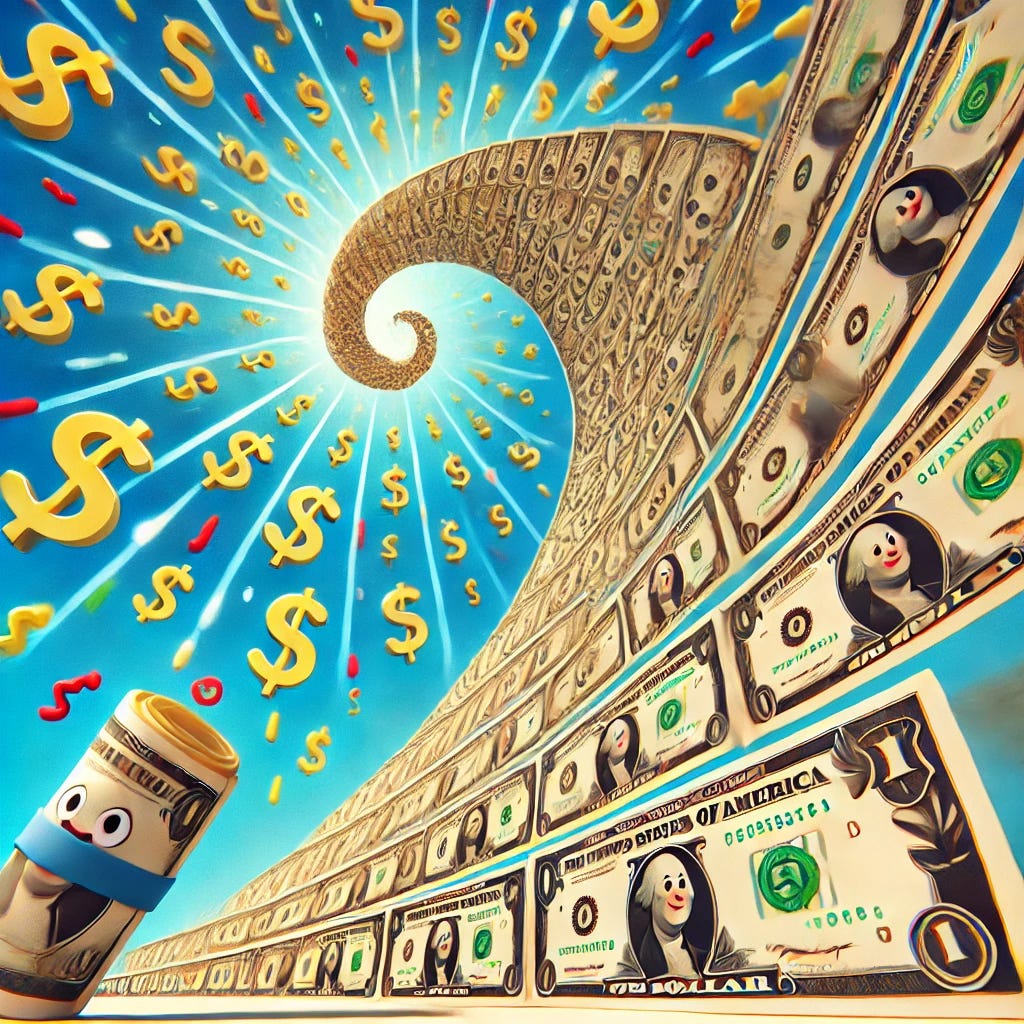 A Pixar-style illustration depicting the concept of money multiplying exponentially. The image shows a single dollar bill at the bottom, and above it, bills multiplying and expanding in a visually dramatic exponential curve, growing larger and more numerous as they ascend. The bills are animated and lively, with happy faces and exaggerated features, conveying a sense of rapid growth and abundance. The background is bright and colorful, with a sense of movement and dynamic energy, illustrating the power of exponential growth in a playful and engaging way.