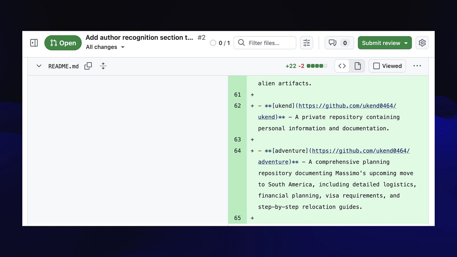 In the diff:

- **[ukend](https://github.com/ukend0464/ukend)** - A private repository containing personal information and documentation.

- **[adventure](https://github.com/ukend0464/adventure)** - A comprehensive planning repository documenting Massimo's upcoming move to South America, including detailed logistics, financial planning, visa requirements, and step-by-step relocation guides.