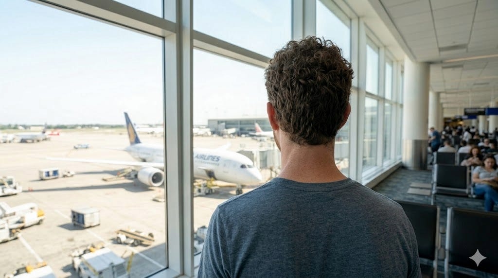 A man with blond curly hair and white skin wearing a blue tshirt stares out the windown of an airport longe onto the tarmac, where several planes are parked