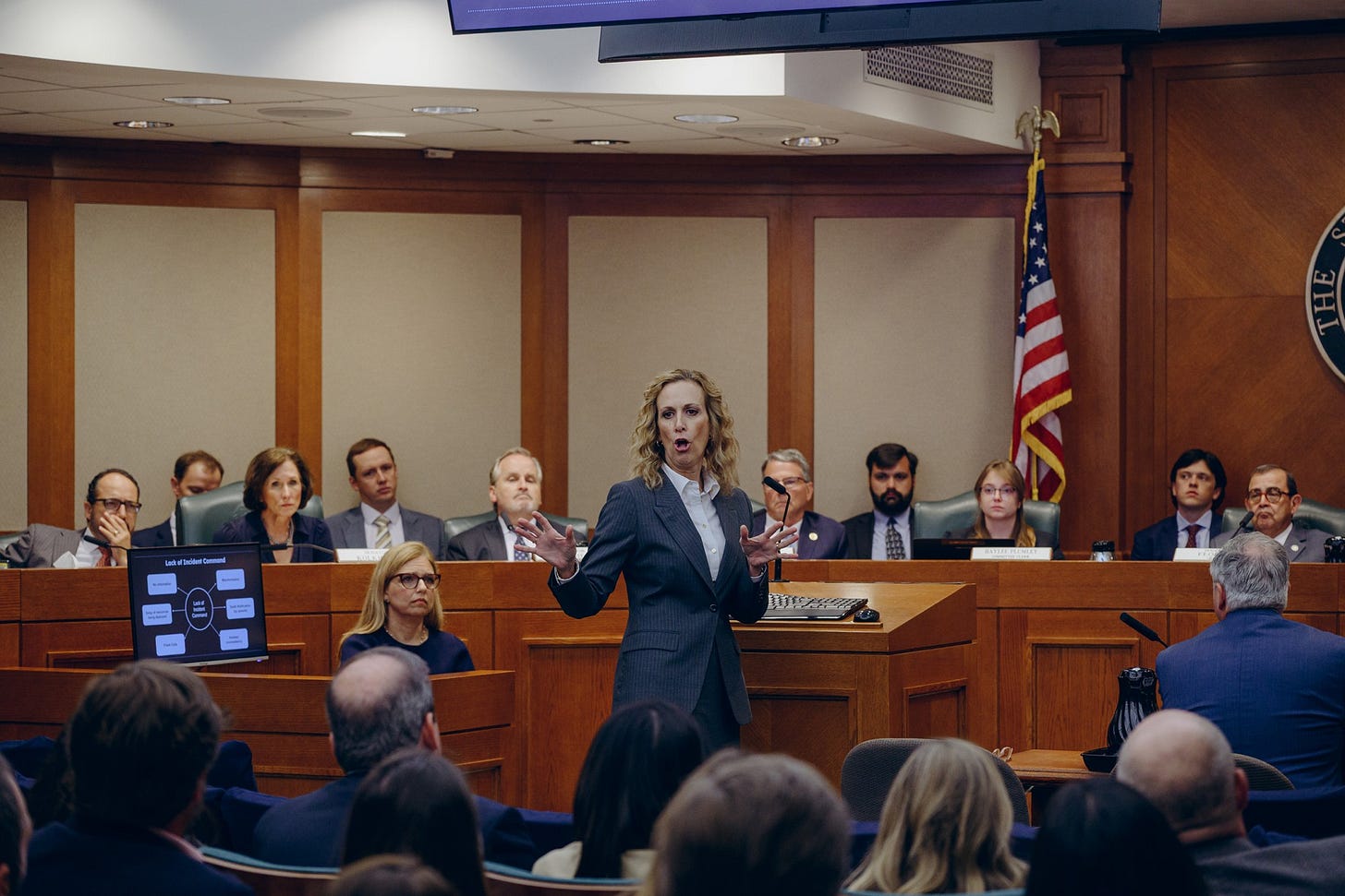 Investigator Casey Garrett speaks at the General Investigating Committee on the July 2025 Flooding Events meeting in Austin on Monday, April 27, 2026.