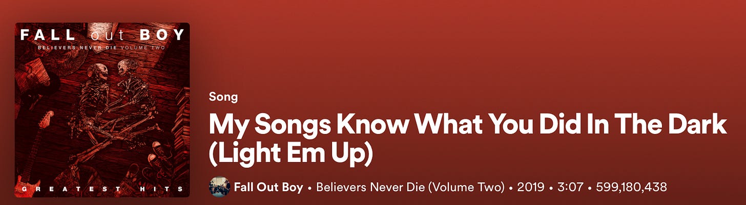 A screenshot of the song on Spotify: "My Songs Know What You Did in the Dark (Light Em Up)" by Fall Out Boy. The album cover is on the right, text on the left.