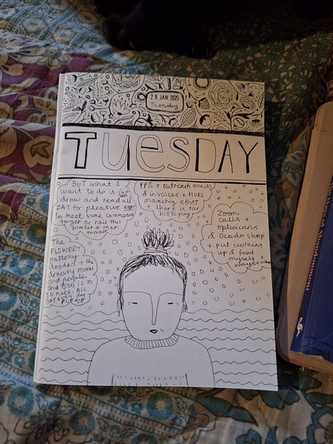 A number of pages of black ink drawings and writing with the date stamped and drawings and words for each day, including patterns, mark making, doodles and some little scenes.