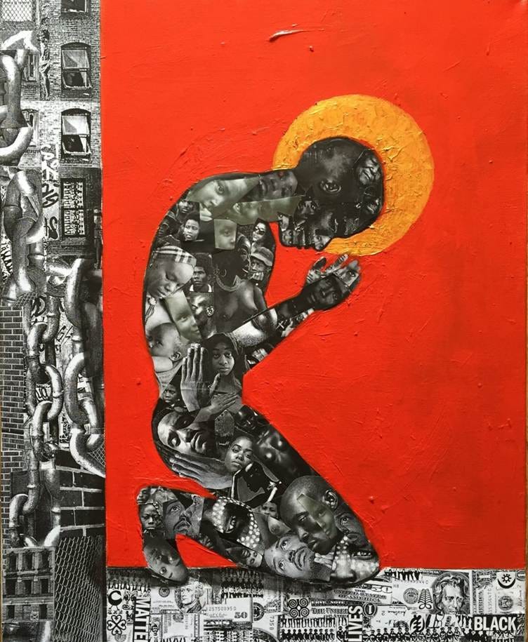 A painting of a person kneeling on a red background

AI-generated content may be incorrect.