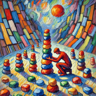 Colorful abstract painting of a person stacking vibrant stones in a surreal landscape, symbolizing progress and effort.