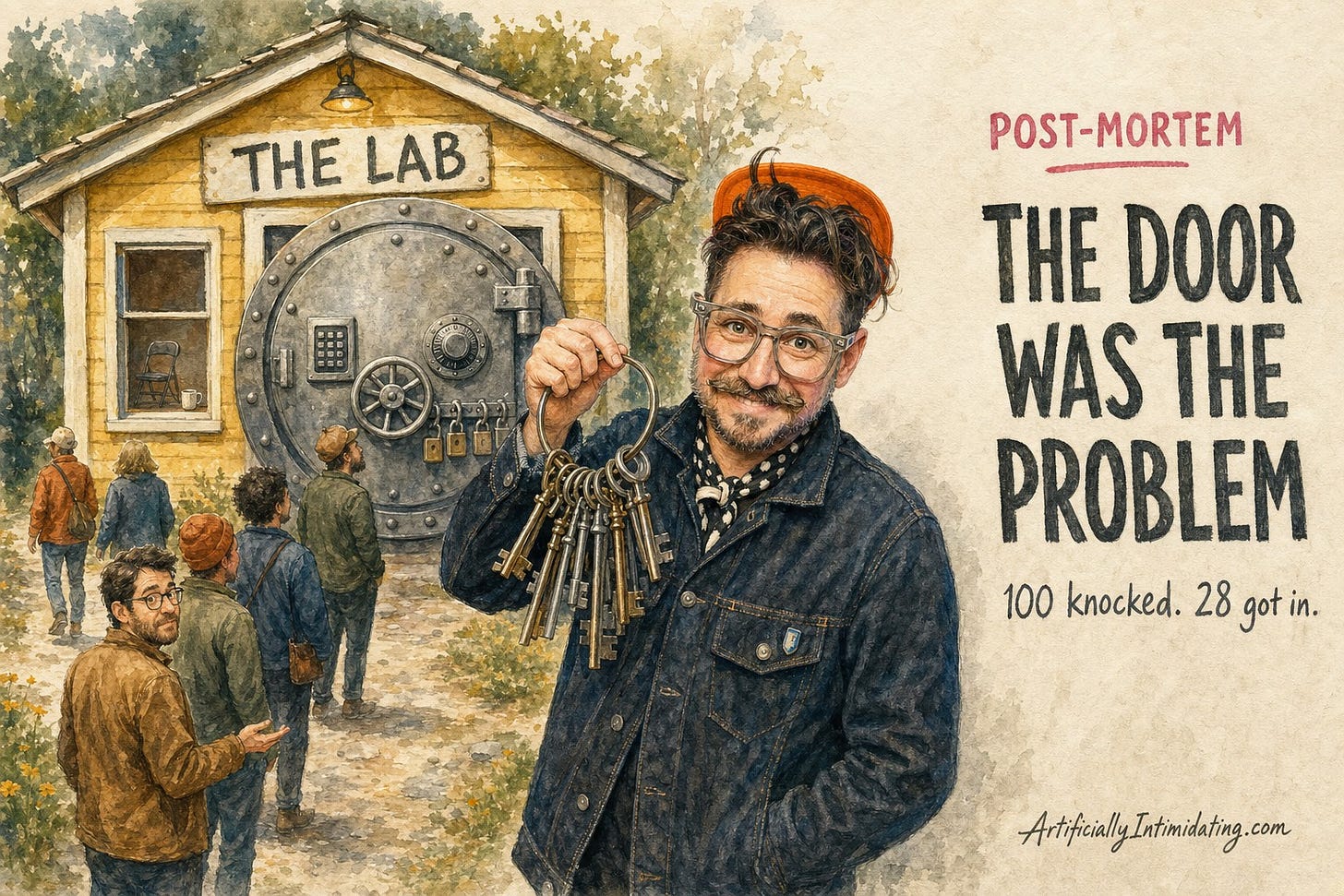 Watercolor of a small yellow clubhouse signed THE LAB whose front door is an oversized steel bank-vault door; visitors queue outside and some walk away, the window shows an empty room with one chair, and a man holds up a huge ring of keys.