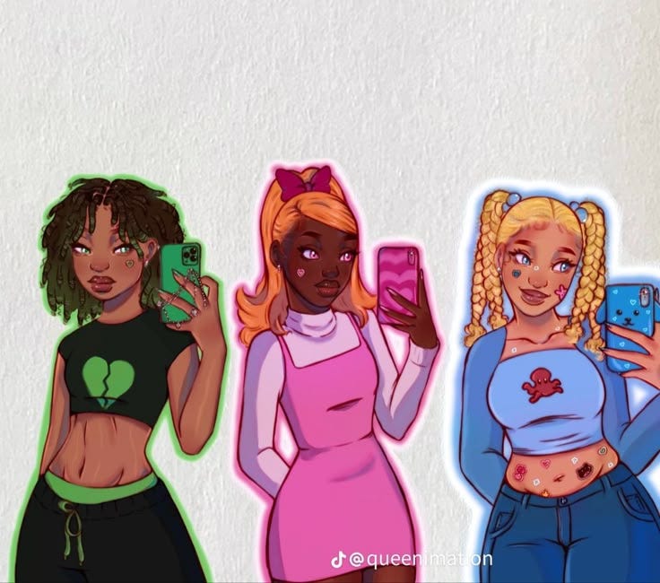 This may contain: three cartoon girls with cell phones in their hands and one girl holding a phone up to her ear