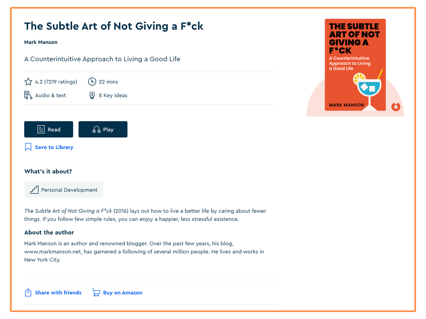 Blinkist’s cover of the book The Subtle Art of Not Giving a F*ck (desktop view + light mode)